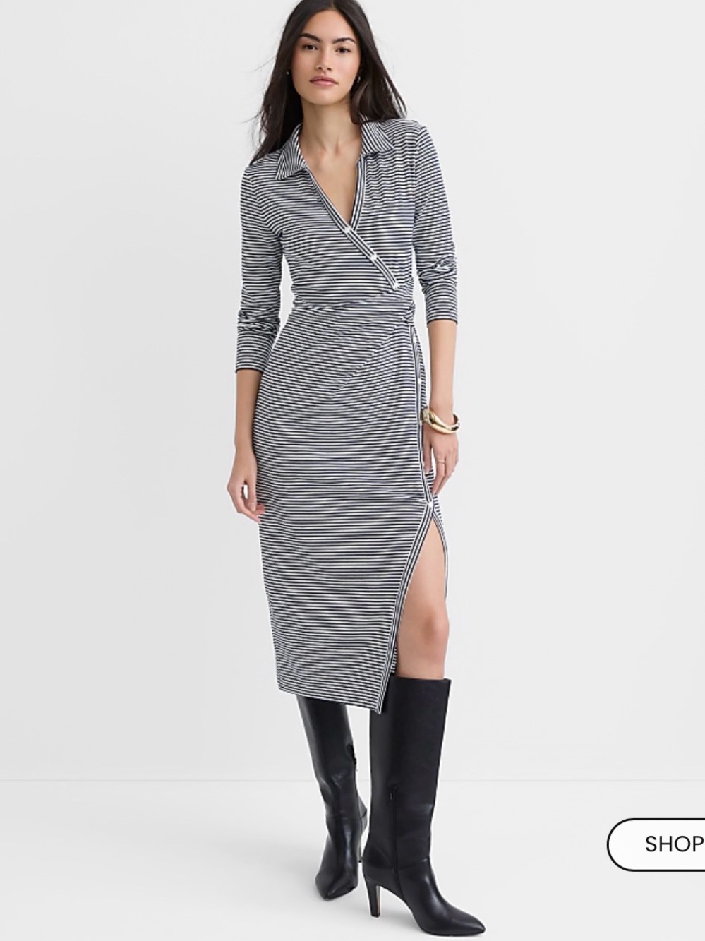 LOFT Black and White Striped Midi Wrap Dress size XS NWT